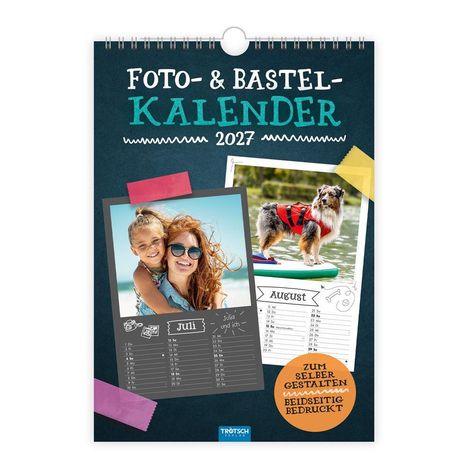 "Foto- & Bastel-Kalender 2027", Fotos: Frau mit Kind, Hund auf Surfbrett. Rundes Feld: "Zum Selber Gestalten, beidseitig bedruckt".