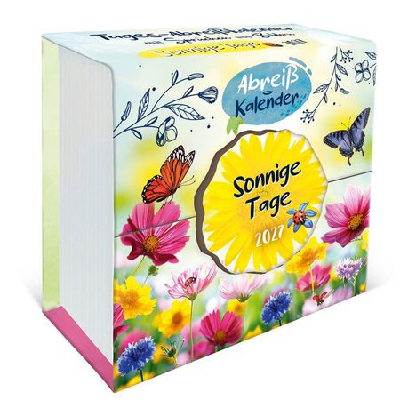 Abreißkalender "Sonnige Tage 2027" mit Schmetterlingen und Blumenillustration in bunten Farben.