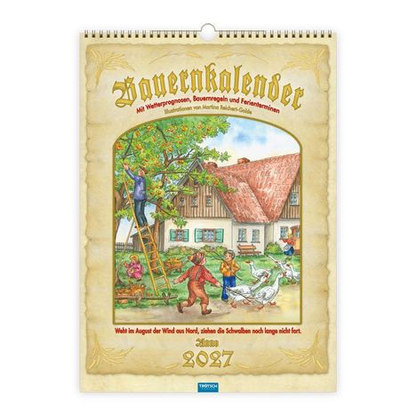 "Bauernkalender" Überschrift; Jahreszahl 2027; Illustration: Bauernhaus, Menschen bei der Apfelernte; ländliche Szene.