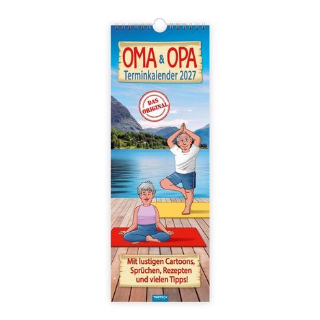 "Oma & Opa Terminkalender 2027", "Das Original", "Mit lustigen Cartoons, Sprüchen, Rezepten und vielen Tipps!" Illustration von älterem Paar beim Yoga an einem See.