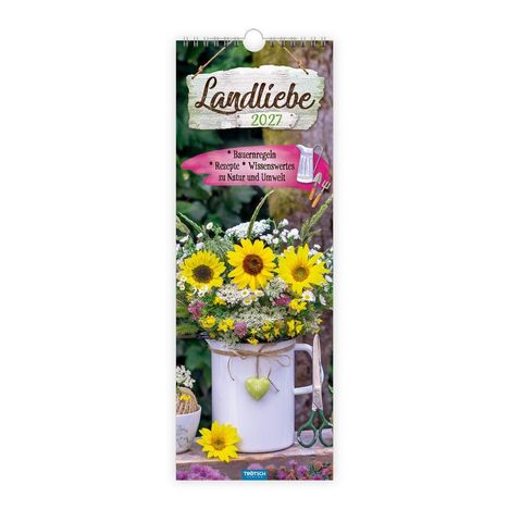 "Landliebe 2027" steht oben. Darunter: Bauernregeln, Rezepte, Wissenswertes. Ein Blumenstrauß in einer weißen Kanne.