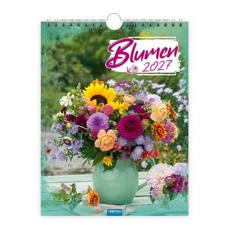Text: "Blumen 2027". Ein bunter Blumenstrauß in einer Vase auf einem Tisch im Freien.