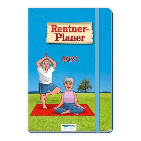 "Rentner-Planer 2027" oben. Illustration: Zwei ältere Personen machen Yoga im Freien auf einer Wiese.
