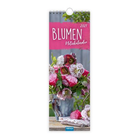 Blumen 2027 Notizkalender. Ein bunter Blumenstrauß in einer Tasse auf einem Holztisch. Logo von "Trötsch Verlag" unten.