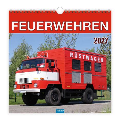 „FEUERWEHREN 2027“ steht in weiß auf rotem Hintergrund, darunter ein roter Rüstwagen auf einer Straße.