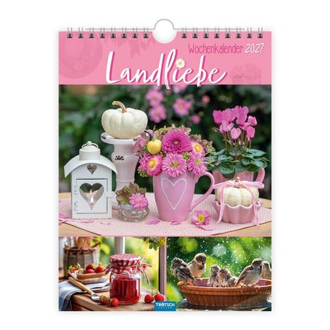 Wochenkalender 2027 "Landliebe". Unterstützung durch Blumen, Kürbisse und Vögel auf einem Gartentisch.