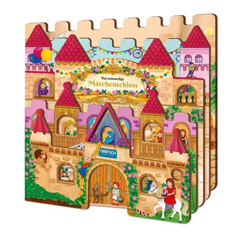 „Das wimmelige Märchenschloss“. Bunte Illustration eines Schlosses mit Märchenfiguren und Türmen.