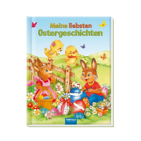 Text: "Meine liebsten Ostergeschichten". Zwei Hasen beim Bemalen von Ostereiern, umgeben von Blumen und Küken. 