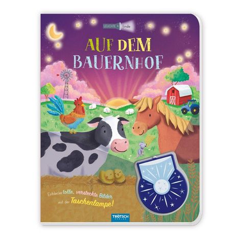 AUF DEM BAUERNHOF. Entdecke tolle, versteckte Bilder mit der Taschenlampe! Illustration mit Tieren und Bauernhof.