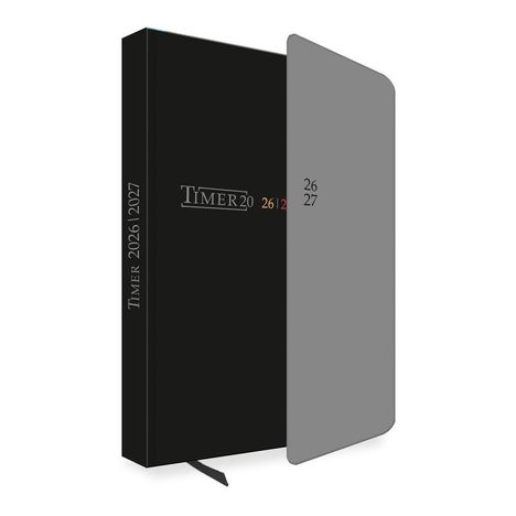 Schwarzes Notizbuch mit "Timer 2026 | 2027", graue Rückseite mit "26 27". Markerband und schlichtes Design.