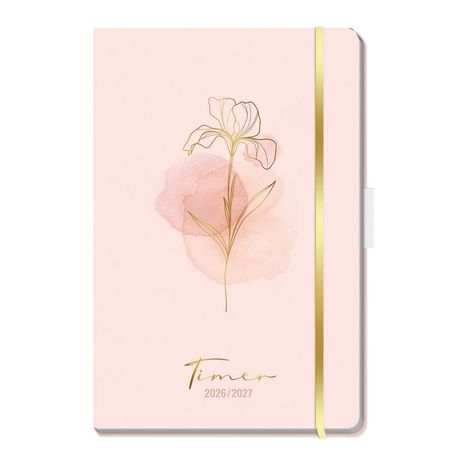 "Timer 2026/2027" steht unten. Ein florales Motiv mit zarter, rosa Aquarellblume auf einem zartrosafarbenen Hintergrund.