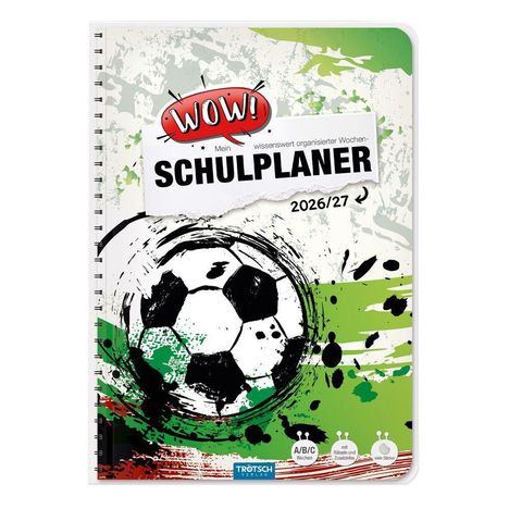 "Mein wissenswert organisierter Wochen-Schulplaner 2026/27." Illustration: Skizze eines Fußballs auf grünem Hintergrund.