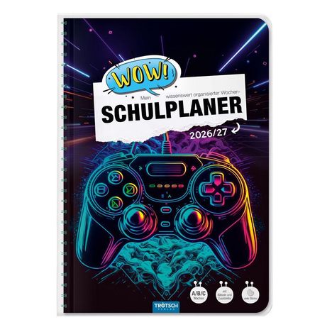 "Wow! Mein wissenswert organisierter Wochen-Schulplaner 2026/27." Illustration eines Gamecontrollers in Neonfarben.
