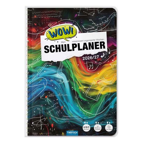 "Mein wissenswert organisierter Wochen-Schulplaner 2026/27." Bunte abstrakte Kunst mit kleinen mathematischen Skizzen.