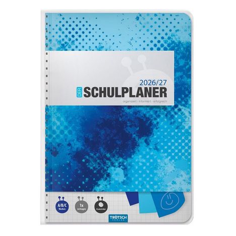 "DER SCHULPLANER 2026/27", blaues, abstraktes Design, Text: "organisiert - informiert - erfolgreich", TRÖTSCH VERLAG.