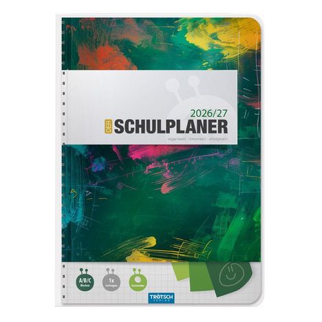 Der Text "DER SCHULPLANER 2026/27" ist auf einem Cover mit bunten Pinselstrichen in Grün, Gelb, Rot und Blau.