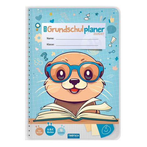 „Der Grundschulplaner 2026/27“, Felder für Name und Klasse. Illustration eines Otters mit Brille und offenem Buch.