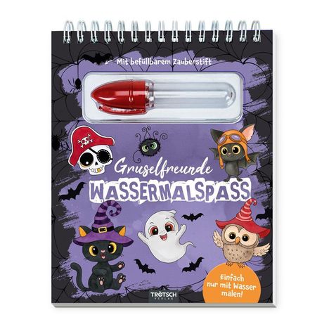 "Mit befüllbarem Zauberstift. Gruselfreunde Wassermalspaß. Einfach nur mit Wasser malen!" Titelbild mit niedlichen Halloween-Motiven.