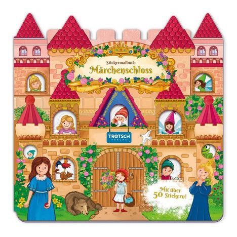 Stickeralbum "Märchenschloss". Illustration eines bunten Schlosses mit fröhlichen Figuren und vielen Fenstern.