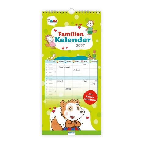 "Familien Kalender 2027" oben, darunter wöchentliche Aktivitätsfelder. Illustration eines lächelnden Tieres mit Herzen, grüner Hintergrund.