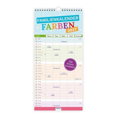 Familienkalender Farben 2027, mit Ferien-Terminen. Spalten für Namen, Mama, Papa, Lotta, Paul, Geburtstage.