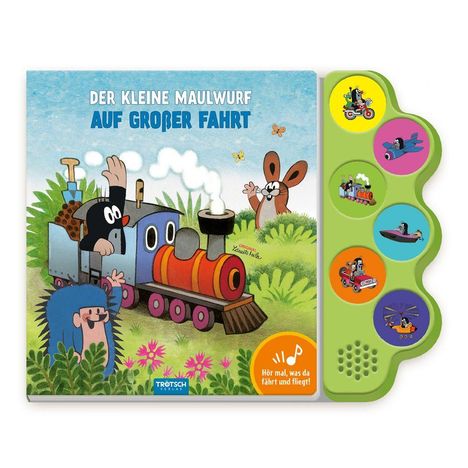 "Der kleine Maulwurf auf großer Fahrt." Bunte Illustration mit einem Zug, Maulwurf und Hase in Natur, rechts bunte Buttons.