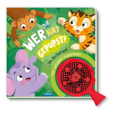 Text: "Wer hat gepupst? Im Dschungel. Mit lustigem Pupskissen!" Ein Affe, ein Tiger und ein Elefant schauen überrascht drein.