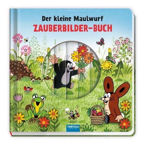 "Der kleine Maulwurf Zauberbilder-Buch" steht oben. Illustration: Maulwurf mit Blumen, Frosch, Hase, Blumenwiese.