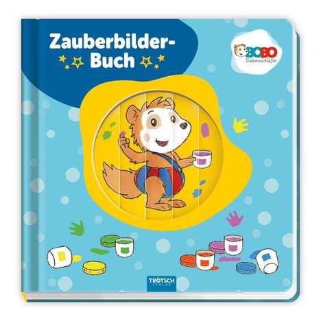 "Zauberbilder-Buch". Ein fröhliches Tier mit Farbtopf, umgeben von bunten Farben. Hintergrund in Blau mit weißen Punkten.