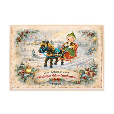 "Unser Sandmännchen Nostalgie Adventskalender" steht auf dem Bild. Ein Kind fährt in einem Schlitten, gezogen von einem Pferd, durch eine verschneite Landschaft.