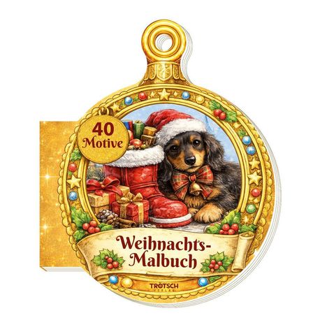 "Weihnachts-Malbuch, 40 Motive." Ein Hund mit Weihnachtsmütze neben Geschenken und rotem Stiefel in einer runden Verzierung.