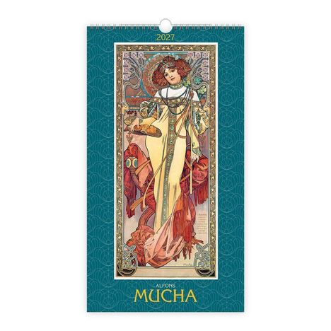 "2027" und "ALFONS MUCHA" auf einem Kalender mit kunstvollem Jugendstil, zeigt eine elegante Frau in detailliertem Gewand.