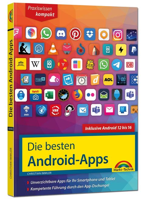 "Praxiswissen kompakt: Die besten Android-Apps, inklusive Android 12 bis 16." Cover mit App-Icons auf buntem Hintergrund.