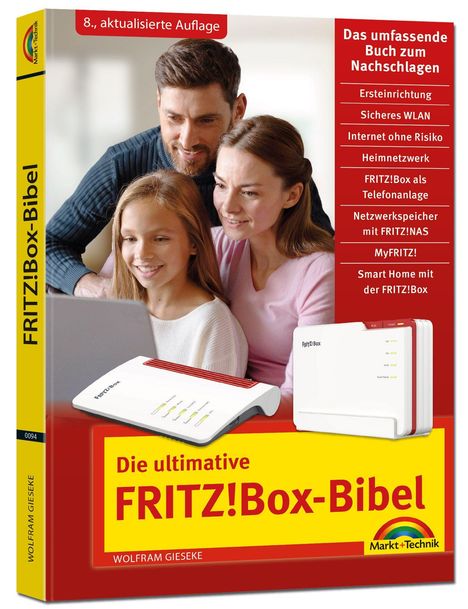 Eine Familie lächelt zusammen. "Die ultimative FRITZ!Box-Bibel". "8. aktualisierte Auflage". Zwei FRITZ!Box-Geräte sind abgebildet.