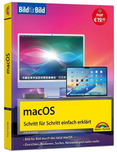 Titel: "macOS Schritt für Schritt einfach erklärt". "Bild für Bild", Preis "19,95 Euro". Im Hintergrund: Computerbildschirme.