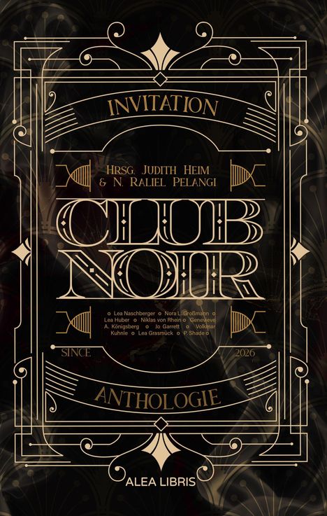 "Invitation", "Club Noir", "Anthologie", "Seit 2020", "2026", gestaltet mit goldenen Art-Deco-Elementen auf dunklem Hintergrund.