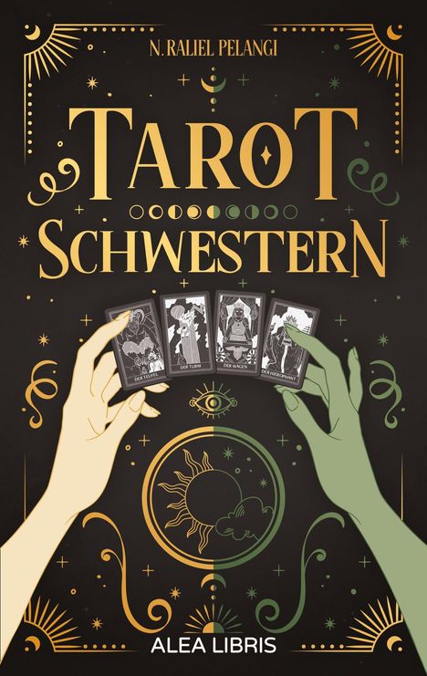 „N. Raliel Pelangi Tarot Schwestern Alea Libris“ Zwei Hände halten Tarotkarten, umgeben von mystischen Symbolen.