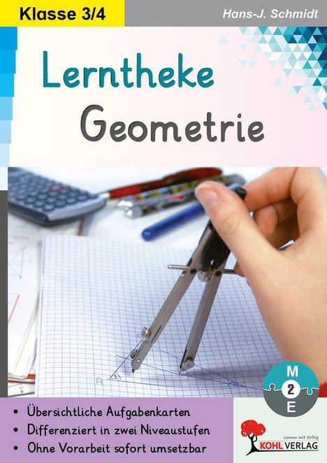 Klasse 3/4, Lerntheke Geometrie. Hand mit Zirkel auf kariertem Papier, geometrische Zeichnung, Bleistifte, Taschenrechner.