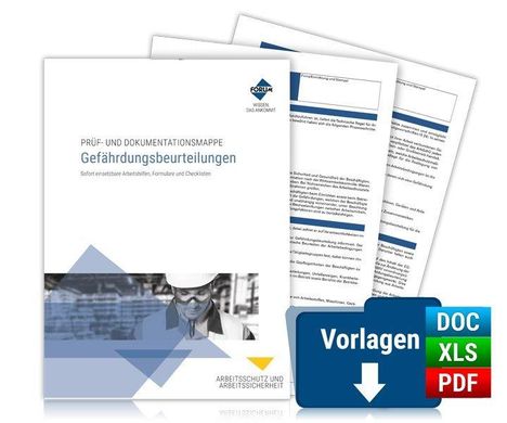 „Gefährdungsbeurteilungen: Sofort einsetzbare Arbeitshilfen, Formulare und Checklisten.“ Logo: „Vorlagen DOC XLS PDF“.