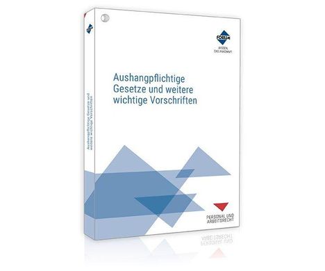 Buchcover mit dem Titel: "Aushangpflichtige Gesetze und weitere wichtige Vorschriften". Geometrische blaue Formen.