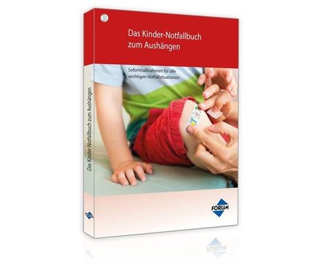 "Das Kinder-Notfallbuch zum Aushängen", zeigt ein Kind, dem ein Pflaster auf das Knie geklebt wird.