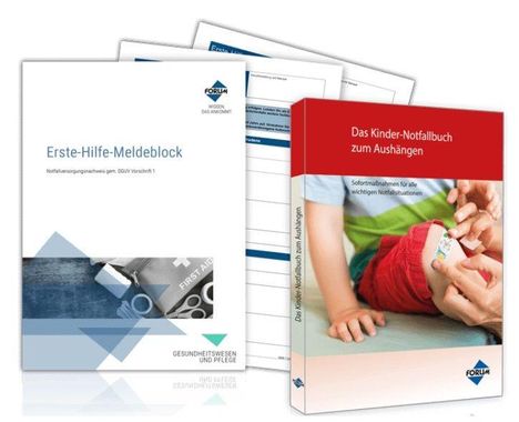 Links "Erste-Hilfe-Meldeblock", rechts "Das Kinder-Notfallbuch zum Aushängen". Beide Bücher sind übereinander positioniert.