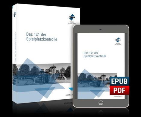„Das 1x1 der Spielplatzkontrolle“ auf Buch und Tablet, daneben „EPUB PDF“-Symbol.