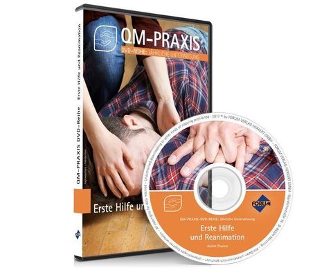 "QM-PRAXIS, Erste Hilfe und Reanimation." DVD-Hülle und DVD mit Bild einer Reanimation.