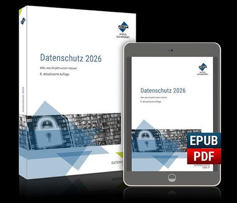 Buch und Tablet mit „Datenschutz 2026“; Thema IT-Sicherheit. Hinweis auf Formate EPUB und PDF, überlagert von Grafik.