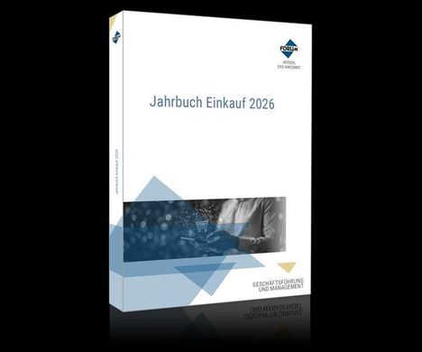 Text: "Jahrbuch Einkauf 2026", "GESCHÄFTSFÜHRUNG UND MANAGEMENT". Helles Design mit abstrakten blauen Formen unten.