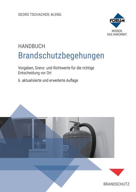 "Handbuch Brandschutzbegehungen," mit einem Feuerlöscher, geometrische Formen und ein blaues Logo rechts oben.