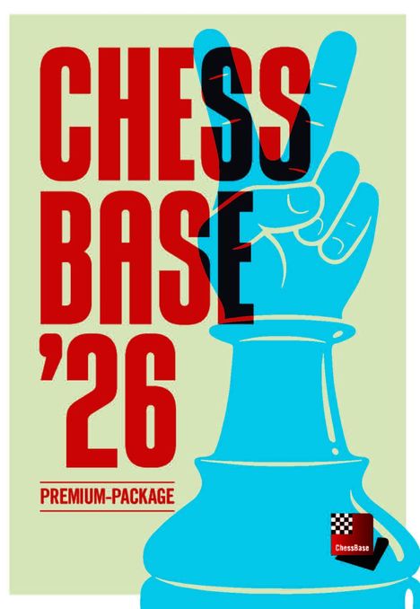 "CHESS BASE '26 PREMIUM-PACKAGE" in Rot. Illustration: Eine blaue Hand und Schachfigur, ChessBase-Logo unten rechts.