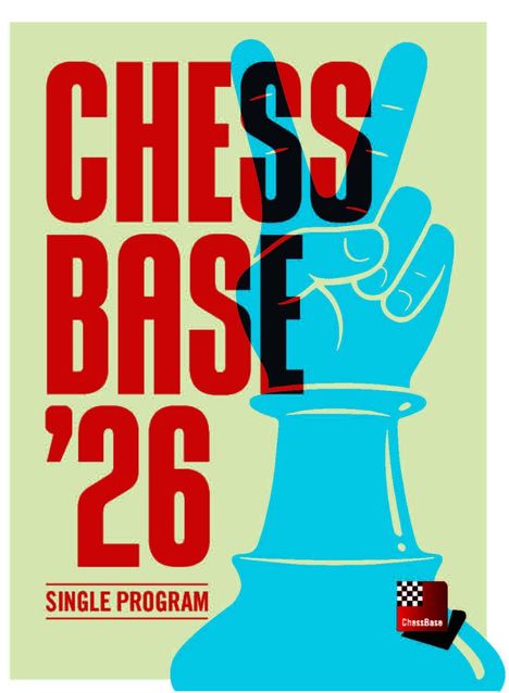 "CHESS BASE '26 SINGLE PROGRAM", blaue Hand in Peace-Zeichen, Logo mit Schachbrettmuster.