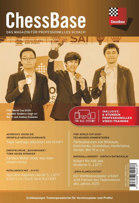 ChessBase: Das Magazin für professionelles Schach. Cover mit drei Personen, eine hält einen Pokal hoch.